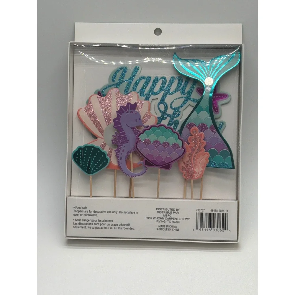 Celebrate It Mermaid Cake Topper Set 15 pc Happy Birthday Under the Sea Glitter